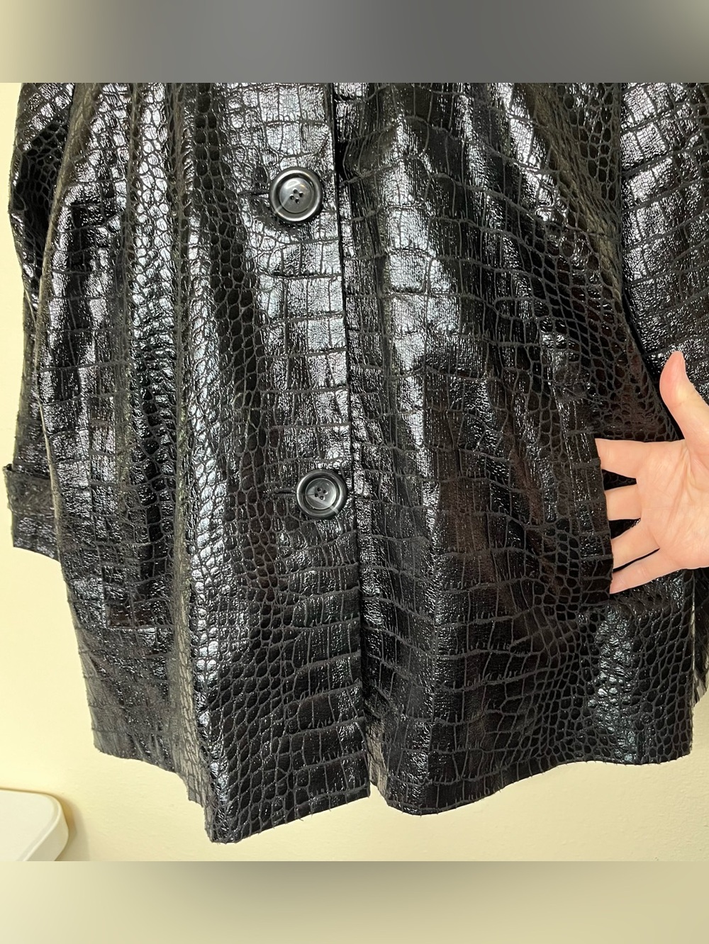 VTG Y2K Birch Hill Black Croc Embossed Faux Patent Leather Swing Jacket Women 1X - Picture 7 of 15